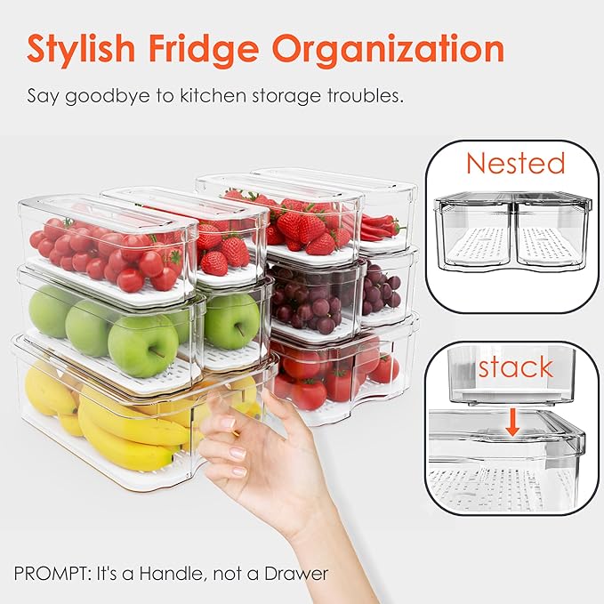 SMRCAD Fridge Organizers and Storage, 10 Pack Clear Freezer Organizer Bins with Lids for Kitchen, Pantry, Refrigerator, Food, Fruit, Vegetable Storage