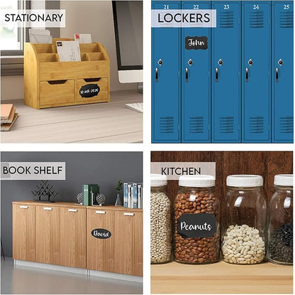 Mantah Chalkboard Label Stickers 96pcs - 9 Assorted Shapes in 3 Sizes with 2 White Chalk Marker, Reusable Waterproof Label for Storage Bin, Food Container, Jars, Containers