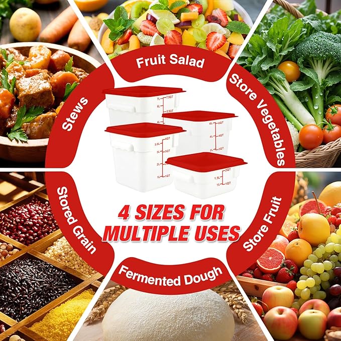 WELKOR Square Food Containers with Lids 4-Pack, Commercial Grade Airtight Plastic Bins for Restaurant Kitchen Pantry Storage, Freezer & Dishwasher Safe (Red, 6QT-4PACK)