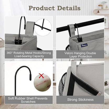 Surblue Bedside Organizer with Hook Caddy Hanging Storage Bag with Adjustable Straps and Water Bottle Holder for Home, College Dorm, Hospital Bed, Grey, 2PCS