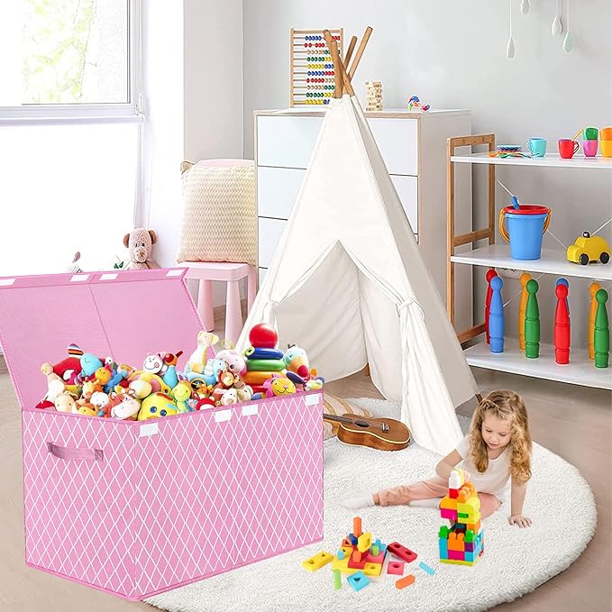 VERONLY Toy Box Chest Organizer Bins for Girls Boys, Kids Large Fabric Collapsible Storage Basket Container with Flip-Top Lid & Handles for Clothes,Blanket,Nursery,Playroom,Bedroom (Pink)