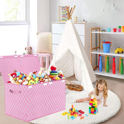 VERONLY Toy Box Chest Organizer Bins for Girls Boys, Kids Large Fabric Collapsible Storage Basket Container with Flip-Top Lid & Handles for Clothes,Blanket,Nursery,Playroom,Bedroom (Pink)