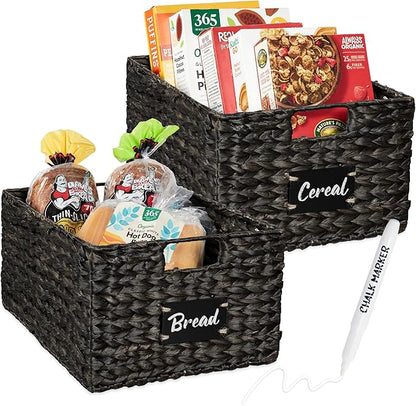 Best Choice Products Pantry Baskets Set of 2 16x12in Water Hyacinth Storage Baskets, Woven Wicker Kitchen Organizers with handles w/Chalkboard Label Chalk Marker - Black