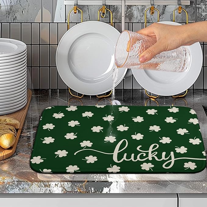 Wnoesat St Patrick Shamrock Drying Mat for Kitchen Counter Green White Lucky Clover Drying Dish Mat St Patricks Day Absorbent Microfiber Dish Drying Pad Reusable Dry Mat 16 x 18 Inch