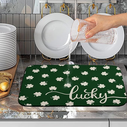 Wnoesat St Patrick Shamrock Drying Mat for Kitchen Counter Green White Lucky Clover Drying Dish Mat St Patricks Day Absorbent Microfiber Dish Drying Pad Reusable Dry Mat 16 x 18 Inch