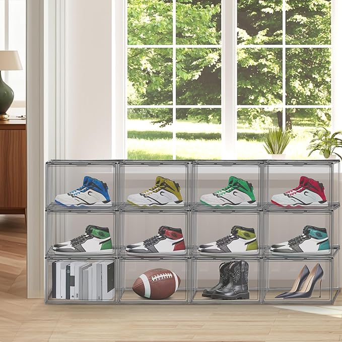 EZJOB 4 Pack Pure Organizer for Closet, Acrylic Shoe Box Size 14, Clear Display Case Handbag Organizer Shoe Box with Lid