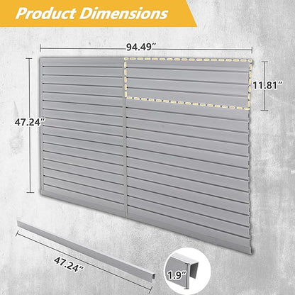 Heavy Duty PVC Slatwall Garage Organizer System, 8ft x 4ft Wall Mounted Panel Kit with 10 Hooks, 75lb/sq ft Capacity, Charcoal Grey Tool Storage Rack for Workshop & Retail Display