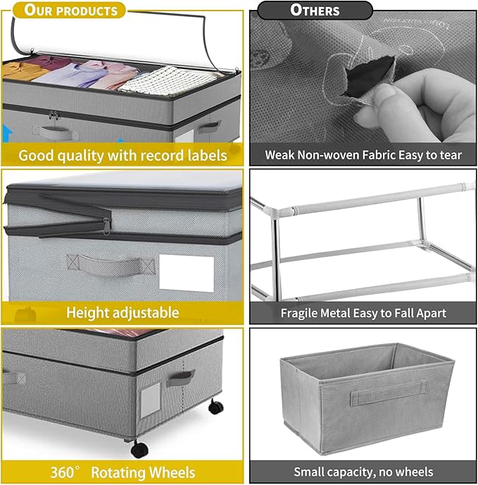 SHAJOPH Under Bed Storage with Wheels Height Adjustable 2 Pack Under Bed Storage Containers with Clear Lid & Handles Rolling Under Bed Drawers for Clothes Shoes Toys Blankets Grey