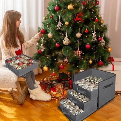 WDZREE Premium Large Christmas Ornament Storage,Box with Side Open, Drawer Style Trays - 3" Compartment, 4 Trays, Keeps 64 Holiday Ornaments -Made of Durable 600D Oxford Fabric Tear-Proof Material