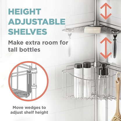 Zenna Home Tension Pole Shower Caddy Corner Organizer, Adjustable Standing Shower Caddy with 3 Shelves and Soap Tray, Rust Resistant Bathroom Tension Rod Organizer, 60 to 97 Inch, Satin Nickel