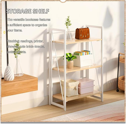 4NM No Assembly 3 Tiers Collapsible Book Shelves, Folding Bookshelf Bookcase Open Industrial Foldable Shelves for Bedroom, Living Room, Home Office - Natural White