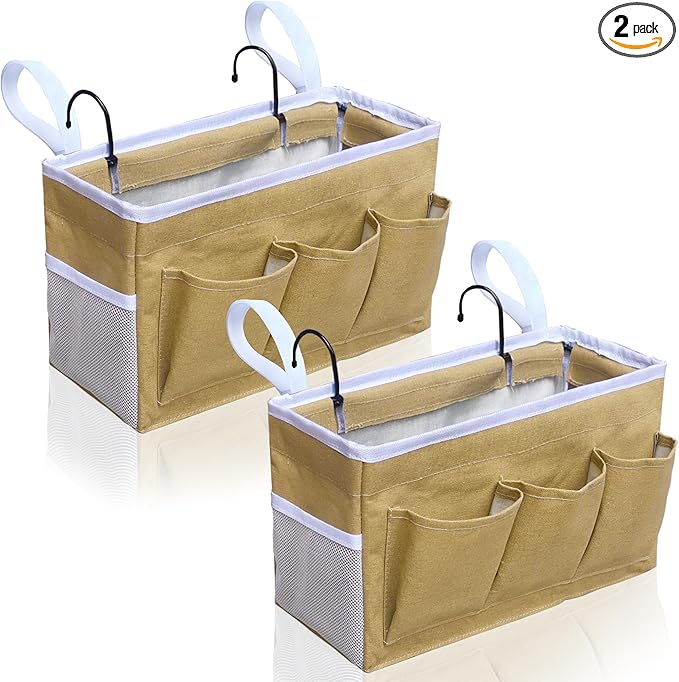 Kanrichu 2pcs Bedside Caddy Storage Organizer, Hanging Bag Holder with Pockets for Bedroom, Loft Bed Tent, Bed Curtain, Top Bunk bed Shelf Accessories (Khaki)
