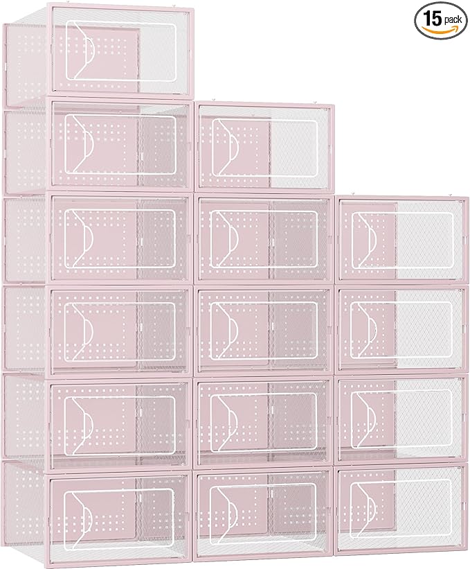 Foluck Shoe Storage Box, 15 Pack Clear Plastic Stackable Shoe Organizer for Closet, Interlocking Design Shoe Container Bins for Sneakers, Foldable Shoe Rack with Lids, Pink