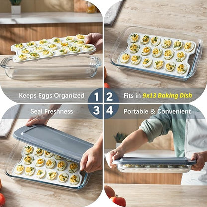 ONEMORE Ceramic Deviled Egg Platter Set of 2, Christmas Deviled Egg Tray, 17 Holes Eggs Holder for Fridge, Rectangle Appetizer Serving Dishes for Parties & Entertaining, Serving Plate for Boiled Eggs
