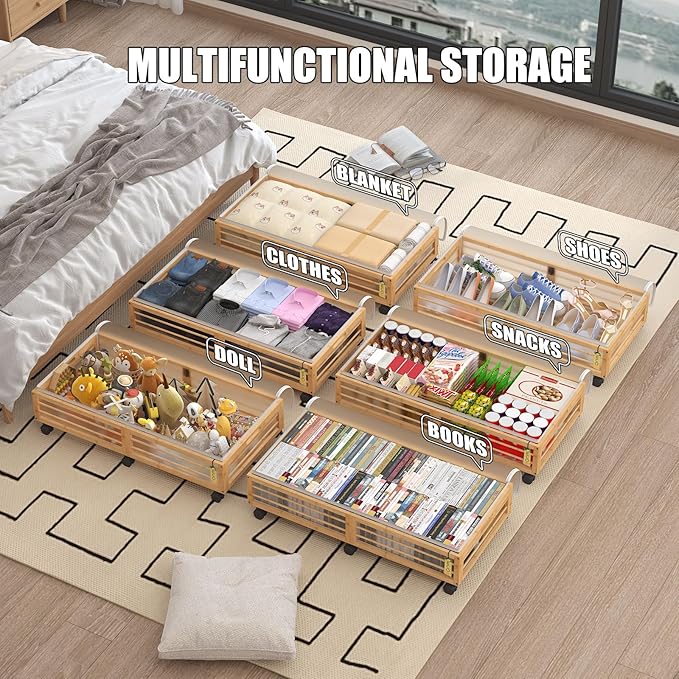 Bamboonova Bamboo Underbed Storage Containers with Wheels & Bag 2 Pack, Large Under Bed Rolling Storage Bins Wood Under Bed Clothes Storage Stackable Drawers for Bedroom Closet Under Crib Toy(Natural)