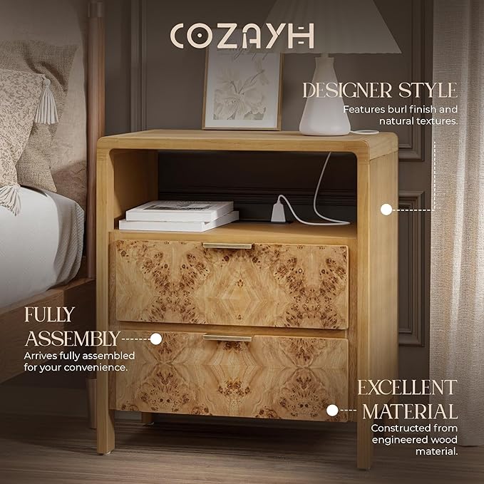 Farmhouse Nightstand with Charging Station, Side Table with Power Outlet and USB & Type C Ports, Wood Bedside Table for Bedroom, Fully Assembled, Rustic, Natural, Burl