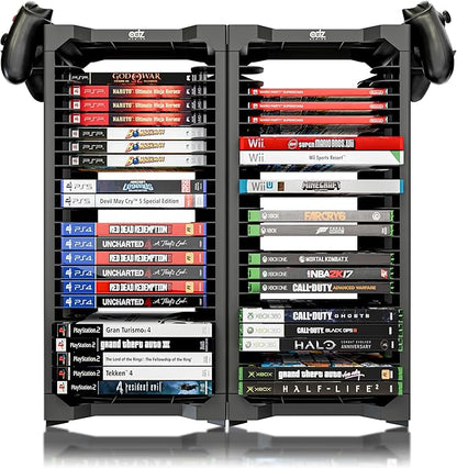 ADZ Universal Game Holder – 46 Game Storage Tower Rack for PS2 PS3 PS4 PS5 PSP Xbox 360 Xbox One Series X Wii Switch Games DVD and Blu-Ray Disks. Includes 2 Controller Mounts (Black)