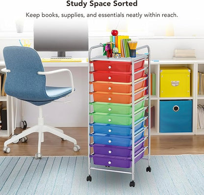 Display By Jack 10-Drawer Rainbow Storage Cart with Top Shelf, Color-Coded Organizer on Locking Wheels, Slim 36" Chrome Frame for Classroom, Art Studio, Home, or Office