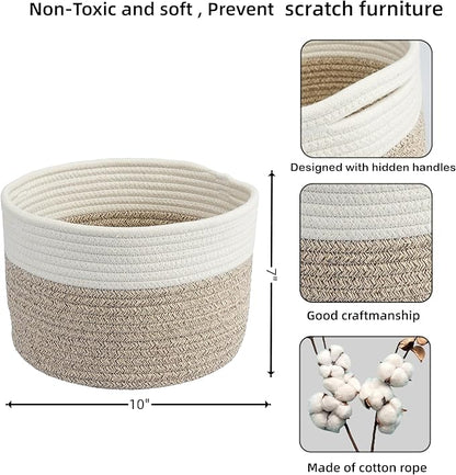 Woven Cotton Storage Baskets - 3-Pack Round Bins (10x10x7'') for Shelves, Closets & Bookcases | Durable Rope Organizers for Nursery, Baby, Toys, Easter & More white and brown