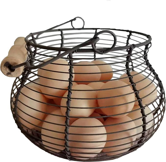 LINCOUNTRY. Farmhouse Wire Egg Baskets for Gathering Fresh Egg With Handle, Round Metal Chicken Basket Collecting Fresh Egg Holder, Vintage Style for Countertop Kitchen