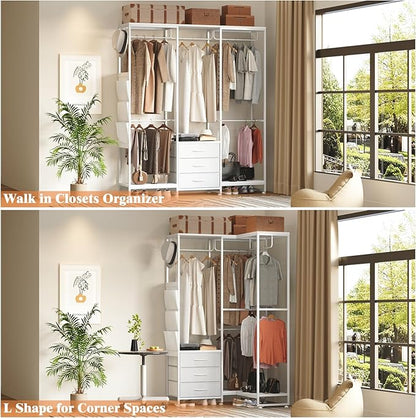 Garment Rack Heavy Duty Clothes Rack for Hanging Clothes, Freestanding Clothing Rack with 3 Fabric Drawers, Wood Stoarge Shelf, Adjustable Closet Racks, Corner L Shaped Closet System Organizers, White
