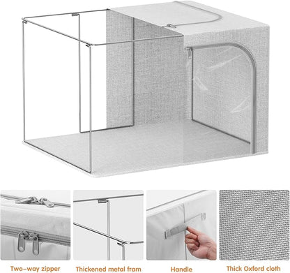 Large Size 66L 3 Pack Openings Clothes Storage Bins with Metal Frame, Stackable & Foldable Linen Storage Box with Lids, Closet Organizers, Blanket, Sweater, Baby Clothes (19.7x 15.75 x 13 Inches)