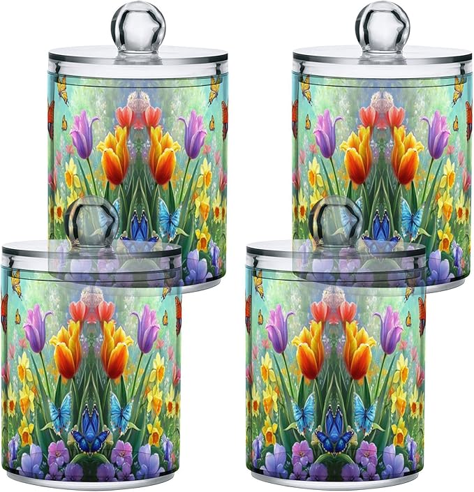 MNSRUU 2 Pack Qtip Holder Organizer Dispenser Easter Garden Tulips Daffodils Bathroom Storage Canister Cotton Ball Holder Bathroom Containers for Cotton Swabs/Pads/Floss