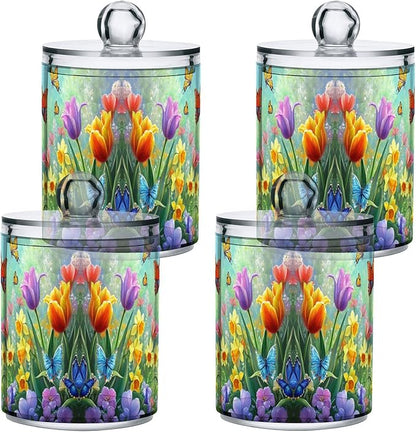 MNSRUU 2 Pack Qtip Holder Organizer Dispenser Easter Garden Tulips Daffodils Bathroom Storage Canister Cotton Ball Holder Bathroom Containers for Cotton Swabs/Pads/Floss