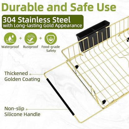 HAYAWEY Golden Expandable Dish Drying Rack-Extra Large Stainless Steel Dish Drainer Over The Sink for Kitchen Countertop with Utensil Holder, Applicable for Sink Width 16'-22' (Gold,23.2'*12.2')
