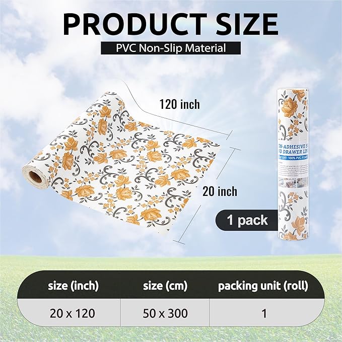 FIFTY FEET 20X120 Inch Shelf Liner for Kitchen Cabinets, PVC Drawer Liner for Dresser Non-Slip Bathroom, Non-Adhesive Cabinet Liner Washable (Yellow Floral)(1 Roll)