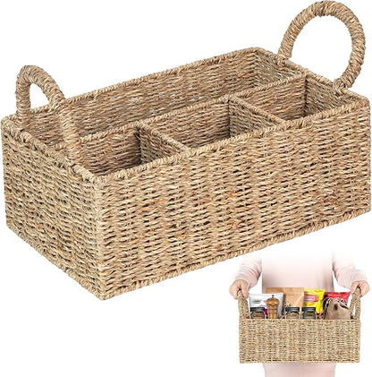 Wicker Divided Baskets with Handles, Seagrass Pantry Baskets, Storage Basket Woven Natural for Organizing Bathroom Kitchen Shelves Office Supplies Organization, Wicker Storage Baskets 4 Section.