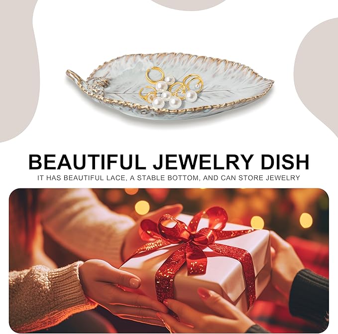 Ceramic Jewelry Dish, Decorative Tray for Rings Earrings Necklaces Bracelet Watch Keys, 4.50" Trinket Tray as Gifts for Women (Reactive Leaf)