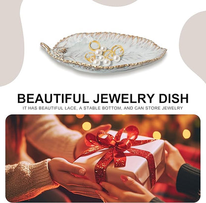 Ceramic Jewelry Dish, Decorative Tray for Rings Earrings Necklaces Bracelet Watch Keys, 4.50" Trinket Tray as Gifts for Women (Reactive Leaf)