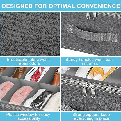 Under Bed Shoe Storage Organizer for Closet, Fits 32 Pairs Underbed Shoes Box Storage Containers Under the Bed Storage Foldable with Sturdy Handles&Clear Window for College Dorms Light Grey, Set of 2