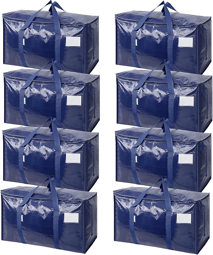 TICONN 8 Pack Extra Large Moving Bags with Zippers & Carrying Handles, Heavy-Duty Storage Tote Moving Boxes for Space Saving (8 Pack, Navy)