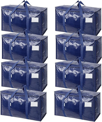 TICONN 8 Pack Extra Large Moving Bags with Zippers & Carrying Handles, Heavy-Duty Storage Tote Moving Boxes for Space Saving (8 Pack, Navy)