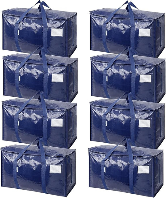TICONN 8 Pack Extra Large Moving Bags with Zippers & Carrying Handles, Heavy-Duty Storage Tote Moving Boxes for Space Saving (8 Pack, Navy)