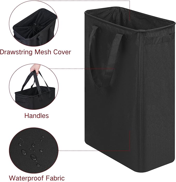 efluky Slim Laundry Basket, Narrow Laundry Hamper with Handles, Collapsible Dirty Clothes Hamper, Tall Laundry Bin for Laundry Room, Dorm and Bedroom, 12.7 Gallons(48L) Black (Pack of 2)
