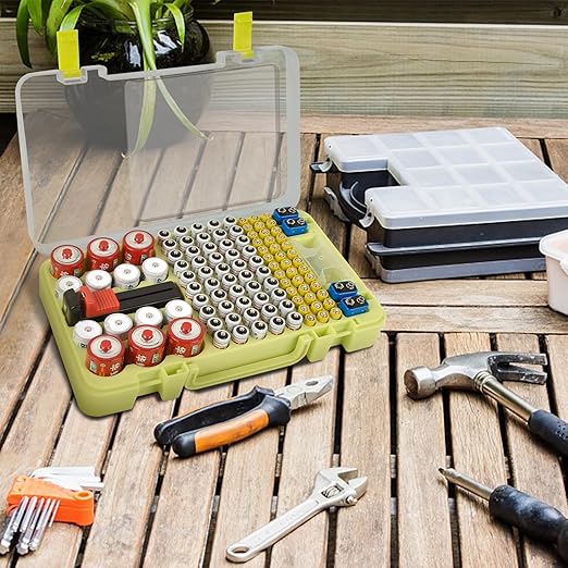 Battery Organizer Storage Case with Tester Checker. Batteries Holder Box Container for 120+ AA AAA 9V C D Lithium CR2025 CR1632 CR2032 Coin Cell Battery with Wall-Mounted Design -Green