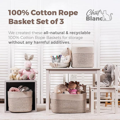 CHAT BLANC Cotton Rope Baskets for Organizing | 15”x10”x9” Storage Baskets for Shelves | Small Laundry Woven Baskets for Storage, Dog Toy Bin, Baby Basket,Off White&Brown 3 Pack