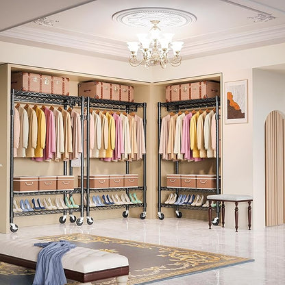 Heavy Duty Rolling Garment Rack 3 Tiers Adjustable Wire Shelving Clothes Rack with Rods and Side Hooks,Storage Closet Clothing Rack with Wheels Black 17.7" D x 47.2" W x 83.6" H