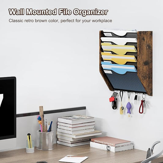 Wall File Organizer With Hooks, 5 Tier Mesh Mail Organizer Wall Mounted,Hanging File Organizer,Magazine Holder for Documents,Magazine,Literature,File,Mails,Envelopes
