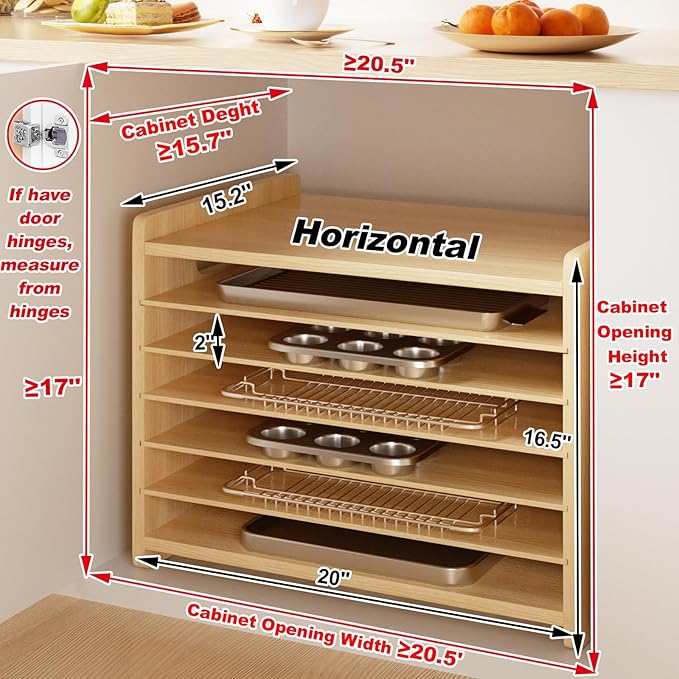 Sawjut 7 Tier Wooden Tray Dividers for Cabinets Cookie Sheet Organizer for Pot, Pans, Baking Tray Organizer for Kitchen Documents Storage(20" W x 16.5" H x 15.2" D)