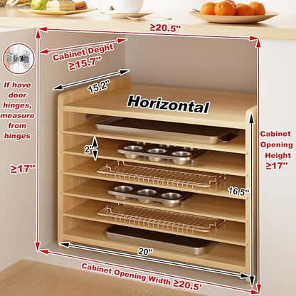 Sawjut 7 Tier Wooden Tray Dividers for Cabinets Cookie Sheet Organizer for Pot, Pans, Baking Tray Organizer for Kitchen Documents Storage(20" W x 16.5" H x 15.2" D)