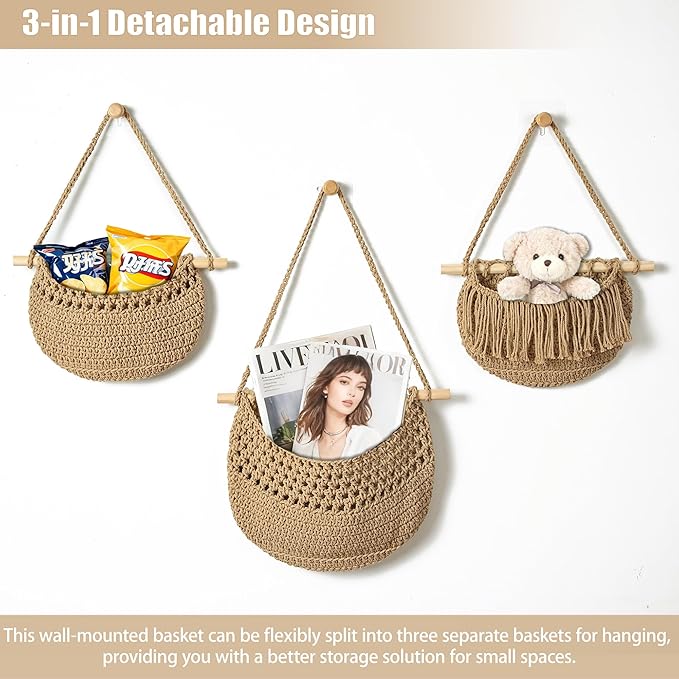 3 Tier Hanging Fruit Baskets for Kitchen, Boho Cotton Rope Handwoven Vegetable Hammock Produce Storage Wall Mounted Large Organizing Basket for Farmhouse Decor, Over The Door, Onion, Potato (Linen)