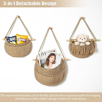 3 Tier Hanging Fruit Baskets for Kitchen, Boho Cotton Rope Handwoven Vegetable Hammock Produce Storage Wall Mounted Large Organizing Basket for Farmhouse Decor, Over The Door, Onion, Potato (Linen)