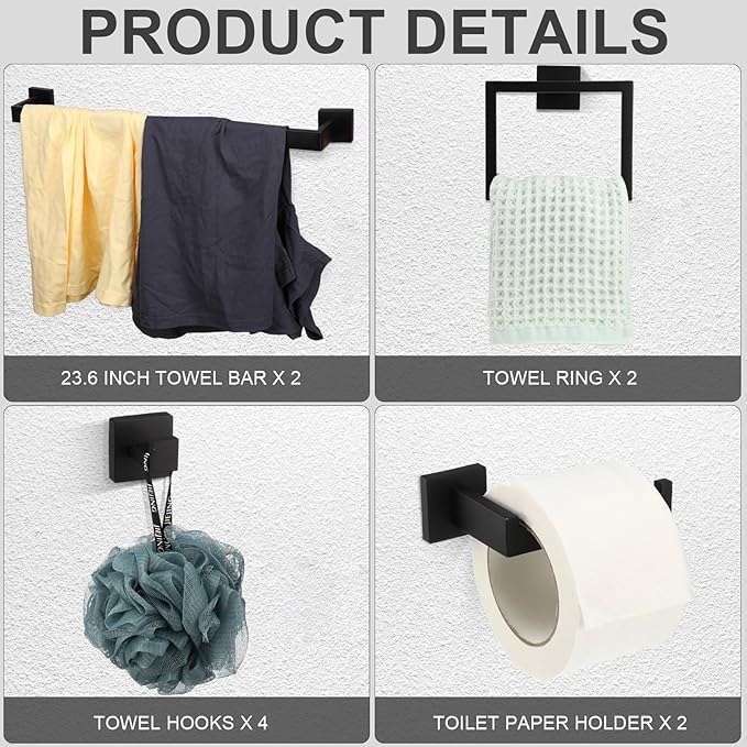 Gisafai 10 Pcs Black Bathroom Hardware Accessories Set 23.6 Inch Bath Towel Bar Kit Stainless Steel Bathroom Hardware Set Towel Racks Ring Robe Hooks Paper Holder for Wall Mounted