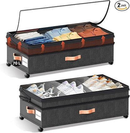 VXEAPADE 2 Pack 70L XXL Under Bed Storage with Wheels - Extra Large UnderBed Storage Containers with Clear Lid & Label, Rolling Storage Bins for Clothes, Shoes, Blankets - Black