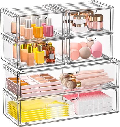 caktraie Acrylic Storage Drawers Set of 6, Clear Makeup Organizer, Plastic Organizer Bins for Beauty Supplies,Ideal for Vanity, Bathroom,Cabinet,Pantry Organization
