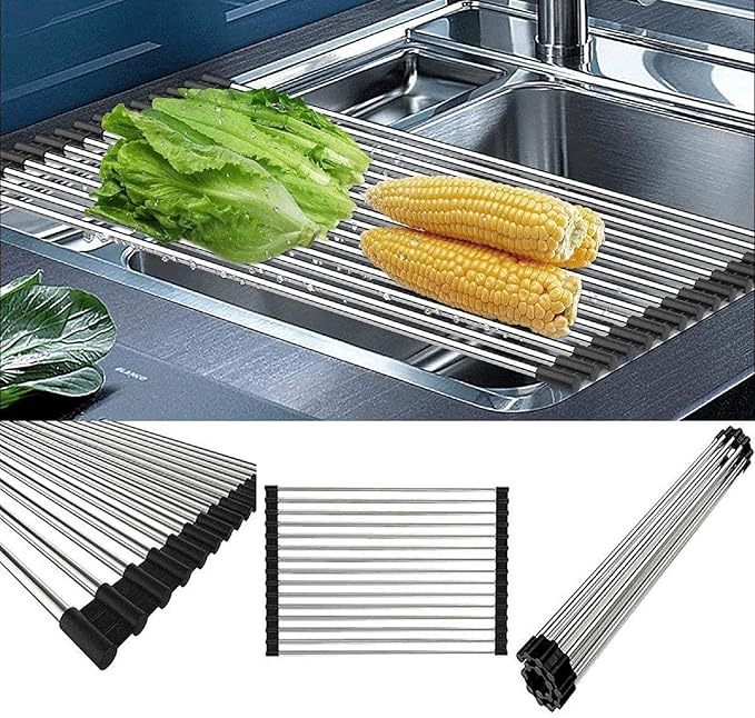 Roll up Dish Drying Rack Over The Sink Portable Stainless Still Rolling Rack Folding Mat for Kitchen Counter (Black, 17.7''LX11.2''W)